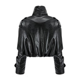 Virginie Black Cropped Faux Leather Jacket With Puff Hem
