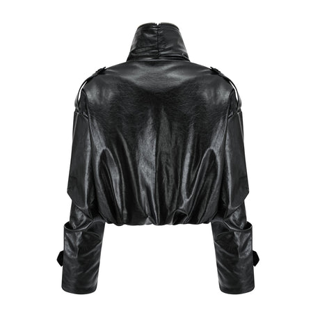 Virginie Black Cropped Faux Leather Jacket With Puff Hem