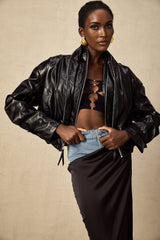 Virginie Black Cropped Faux Leather Jacket With Puff Hem