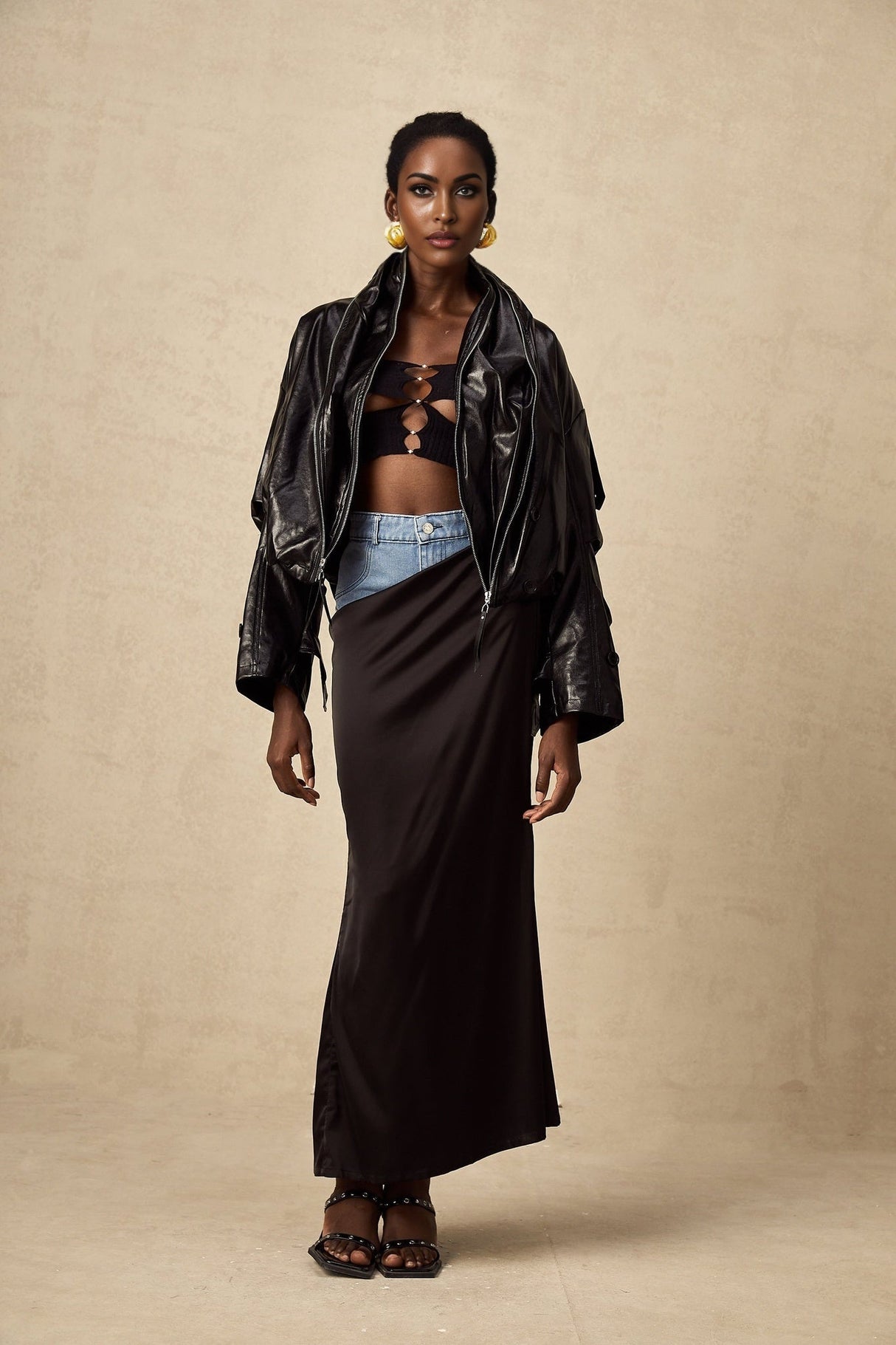 Virginie Black Cropped Faux Leather Jacket With Puff Hem