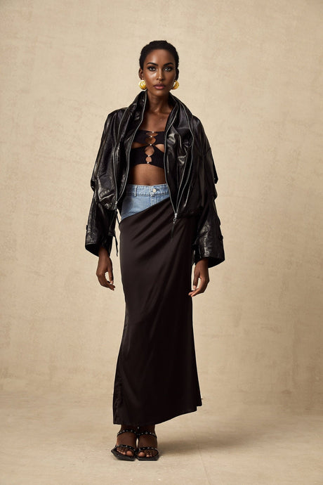 Virginie Black Cropped Faux Leather Jacket With Puff Hem