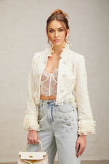 Vittoria Jacket Vittoria Beaded Ruffle Cropped White Jacket