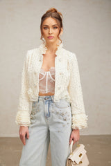 Vittoria Jacket Vittoria Beaded Ruffle Cropped White Jacket