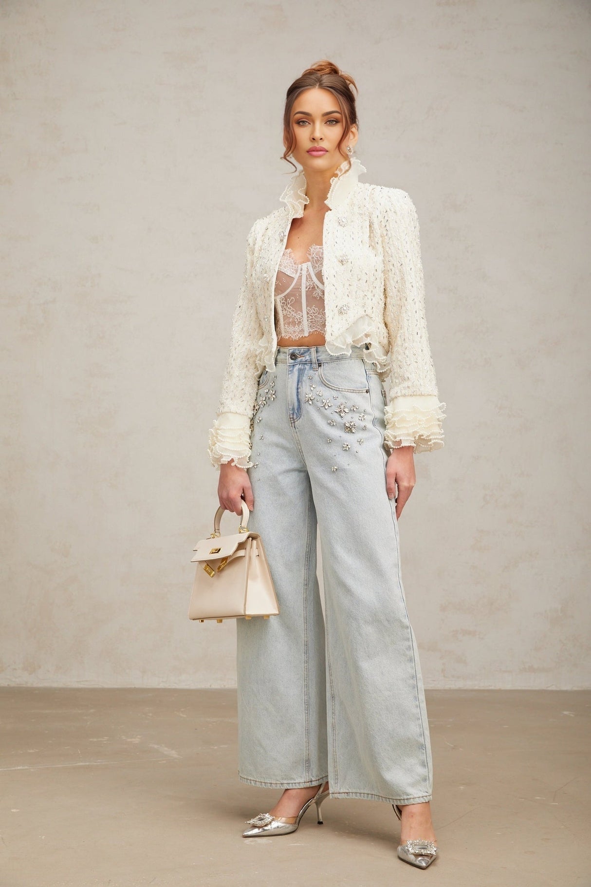 Vittoria Jacket Vittoria Beaded Ruffle Cropped White Jacket