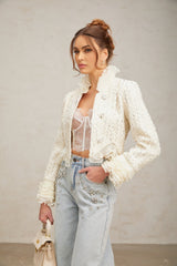 Vittoria Jacket Vittoria Beaded Ruffle Cropped White Jacket