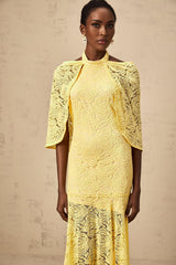 Vittoria Maxi Dress in Radiant Yellow with Halterneck SemiSheer Construction & Chantilly Lace Detail