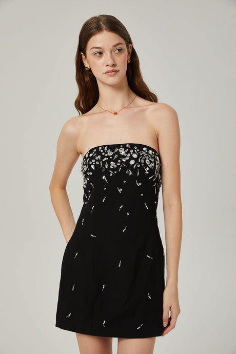 Vittoria Mini Dress Crystal Embellished Black Strapless & Flared