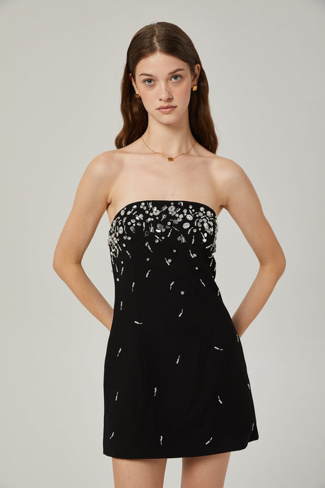 Vittoria Mini Dress Crystal Embellished Black Strapless & Flared