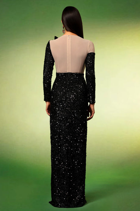 Vivian Black Sequin Maxi Dress with Slit and Floral Accents