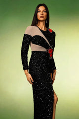 Vivian Black Sequin Maxi Dress with Slit Design and Floral Accents