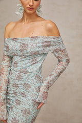Vivian Floral Maxi Dress in Blue - Off - Shoulder & Ruched Detail