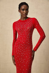 Vivian Maxi Dress in Vibrant Red with Rhinestone Embellishments & Long Flared Sleeves