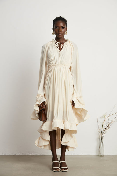 Vivian Midi Dress with V - Neck and Ruffled Detailing