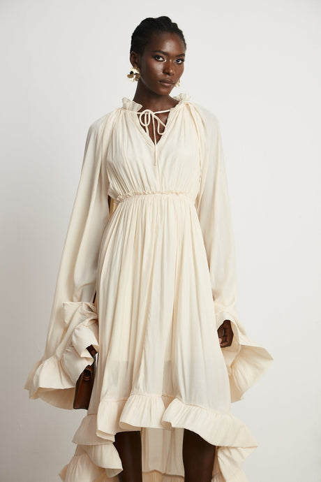 Vivian Midi Dress with V - Neck and Ruffled Detailing