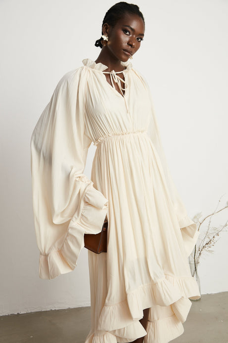 Vivian Midi Dress with V - Neck and Ruffled Detailing