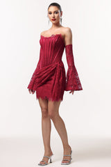 Vivian Red Lace Corset Dress Mini Length Off-Shoulder Sleeves