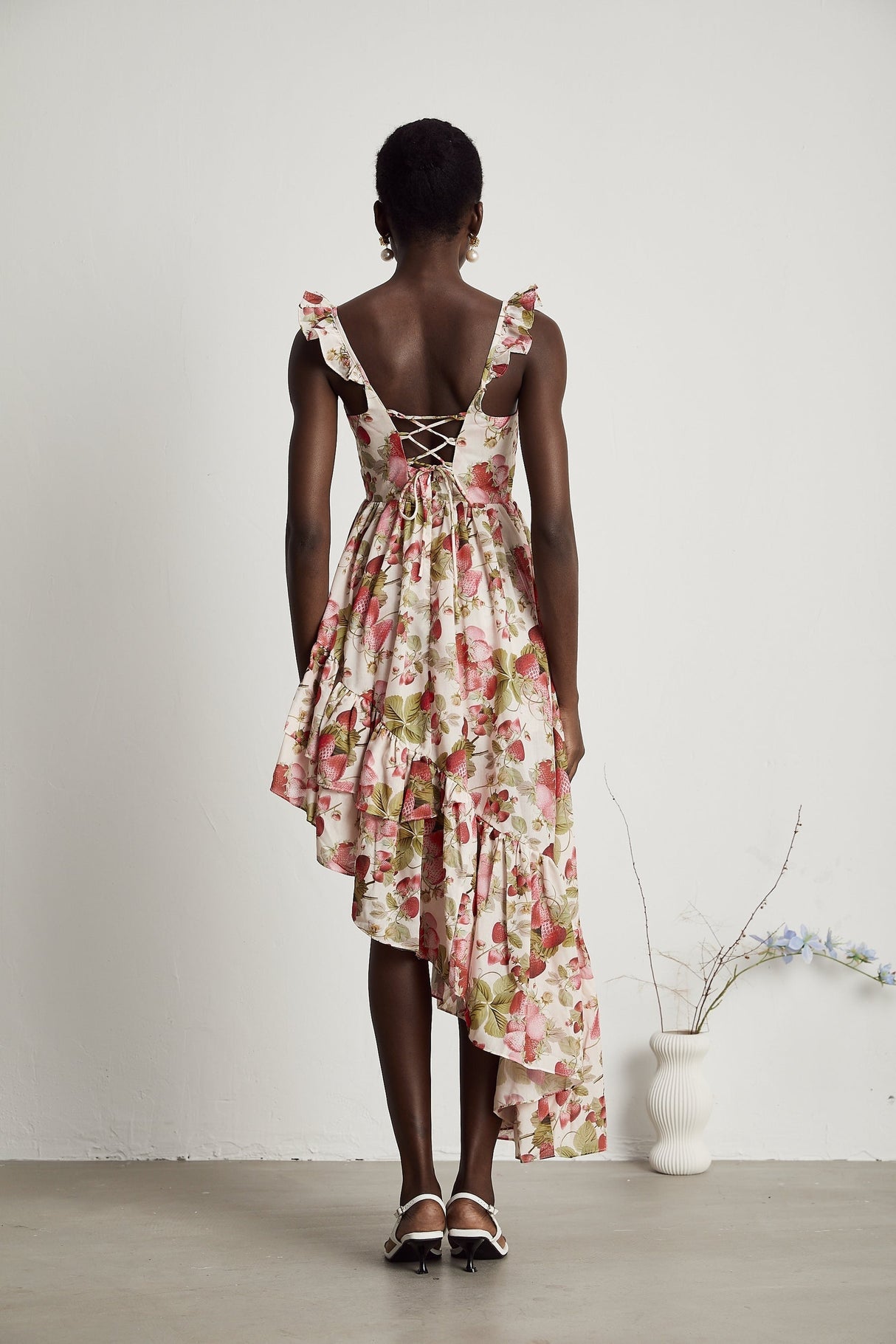 Vivien strawberryprint asymmetric midi dress