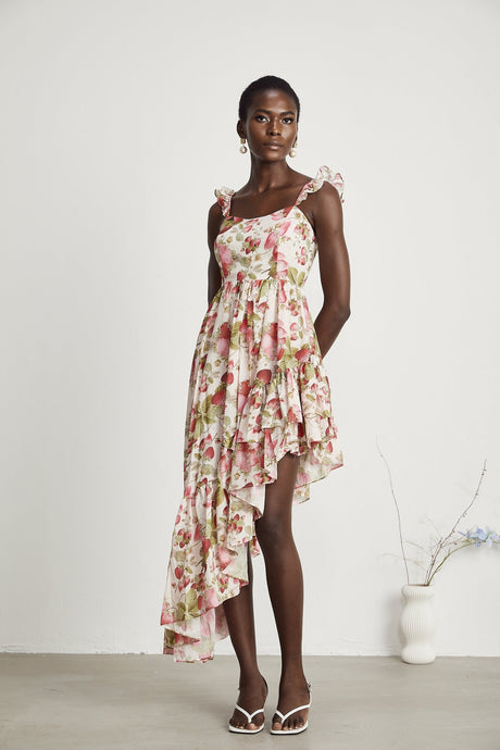 Vivien strawberryprint asymmetric midi dress