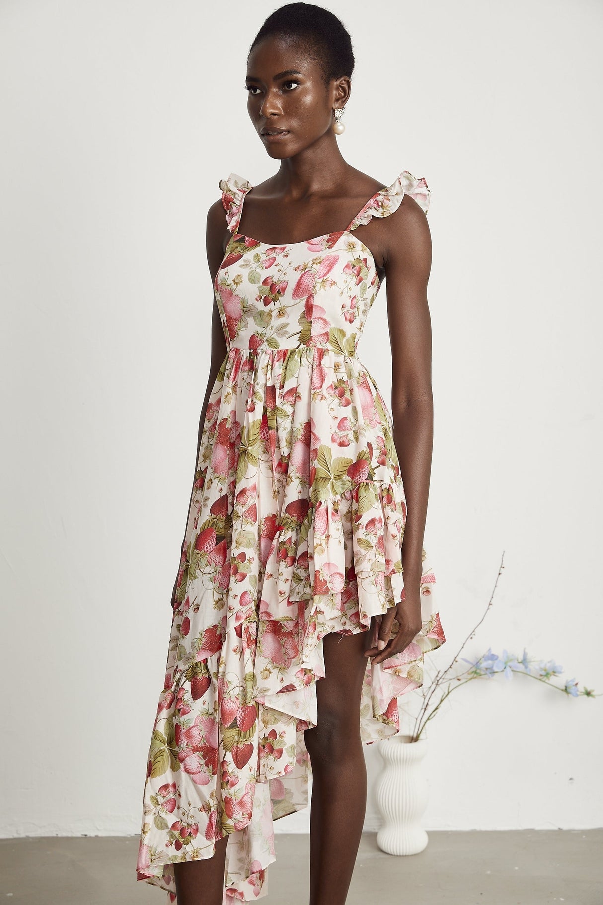 Vivien strawberryprint asymmetric midi dress