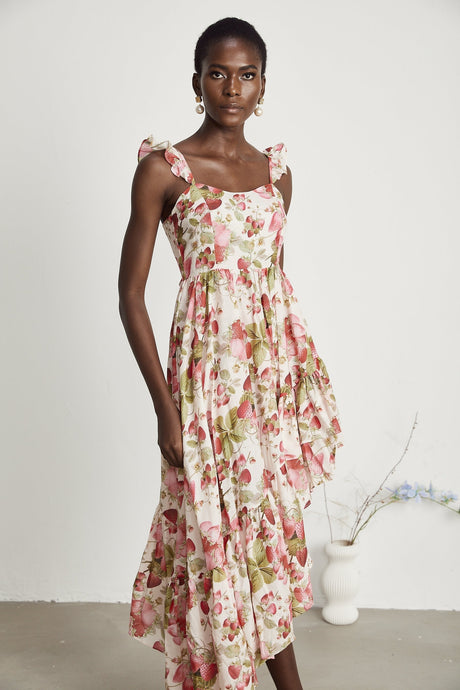 Vivien strawberryprint asymmetric midi dress