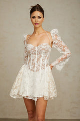 Vivienne white mini dress with floral lace design and corset bodice on mannequin