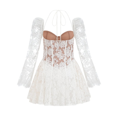 Vivienne white mini dress with floral lace pattern and corset style bodice on a plain background