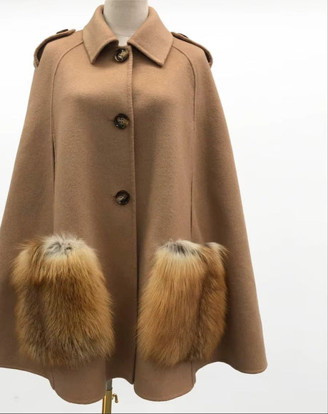 Vivienne Winter Cape in Cashmere Wool with Genuine Fox Fur Pockets