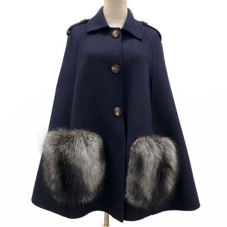 Vivienne Winter Cape in Cashmere Wool with Genuine Fox Fur Pockets