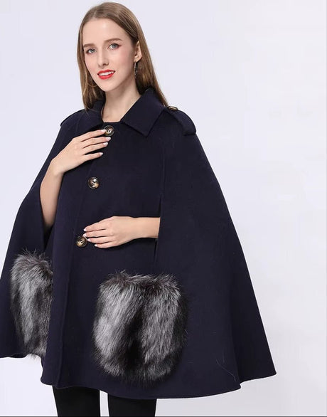 Vivienne Winter Cape in Cashmere Wool with Genuine Fox Fur Pockets