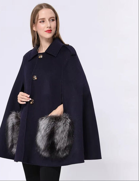 Vivienne Winter Cape in Cashmere Wool with Genuine Fox Fur Pockets