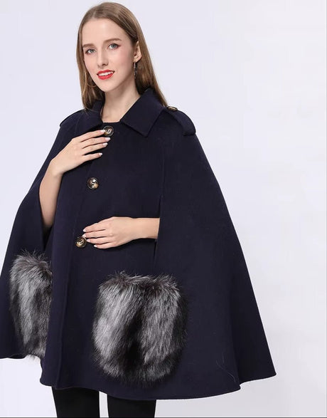 Vivienne Winter Cape in Cashmere Wool with Genuine Fox Fur Pockets