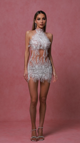 White Adelina Dress Sleeveless High Neckline Sequin Pearl Detailing Mini Length