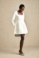 White Aline mini dress with crystal embellishments called Angelique