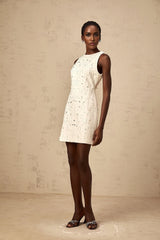 White Aline mini dress with embellishments named Flavie