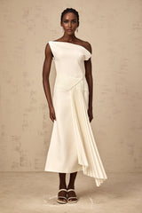 White asymmetric draped midi dress with Laurine design