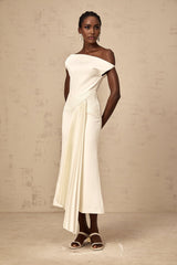 White asymmetric draped midi dress with one sleeve on a mannequin