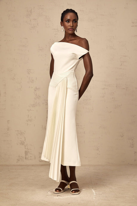 White asymmetric draped midi dress with one sleeve on a mannequin