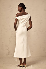 White asymmetric midi dress with draped design and Laurine style