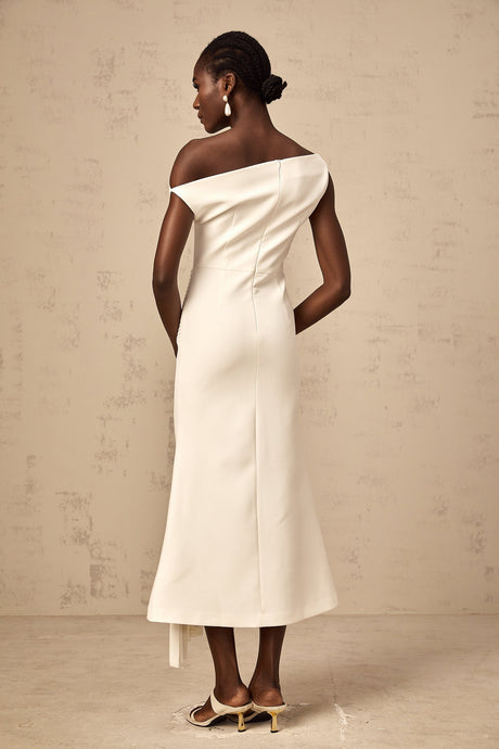 White asymmetric midi dress with draped design and Laurine style