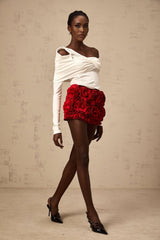 White asymmetric sleeveless top with twisted jersey fabric and draped neckline