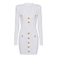 Tailored white bandage mini dress with structured shoulders and gold-tone buttons