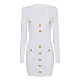 Tailored white bandage mini dress with structured shoulders and gold-tone buttons