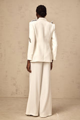 White blazer and trousers set with butterfly applique embellishments