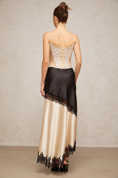 White bustier top with floral lace panels and sweetheart neckline