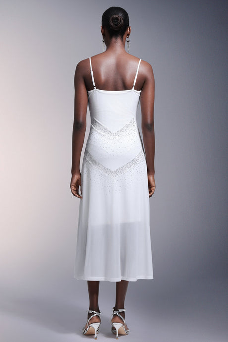 White Diamond Sleeveless Midi Dress with Draped Neckline and Embellishments