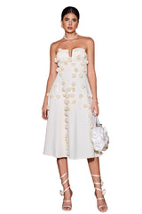 White Eve Flowers Tube Midi Dress with delicate floral appliqués