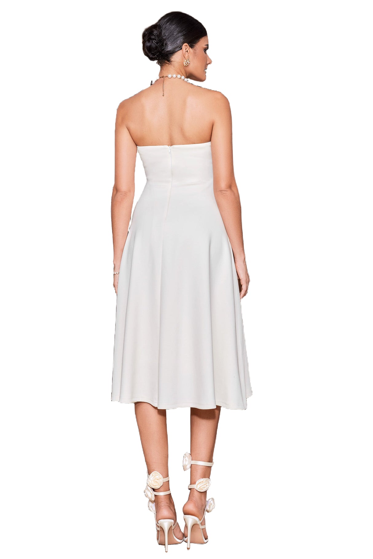 White Eve Flowers Tube Midi Dress with delicate floral appliqués