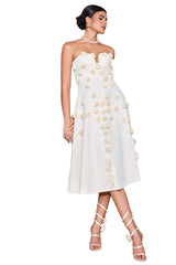 White Eve Flowers Tube Midi Dress with delicate floral appliqués