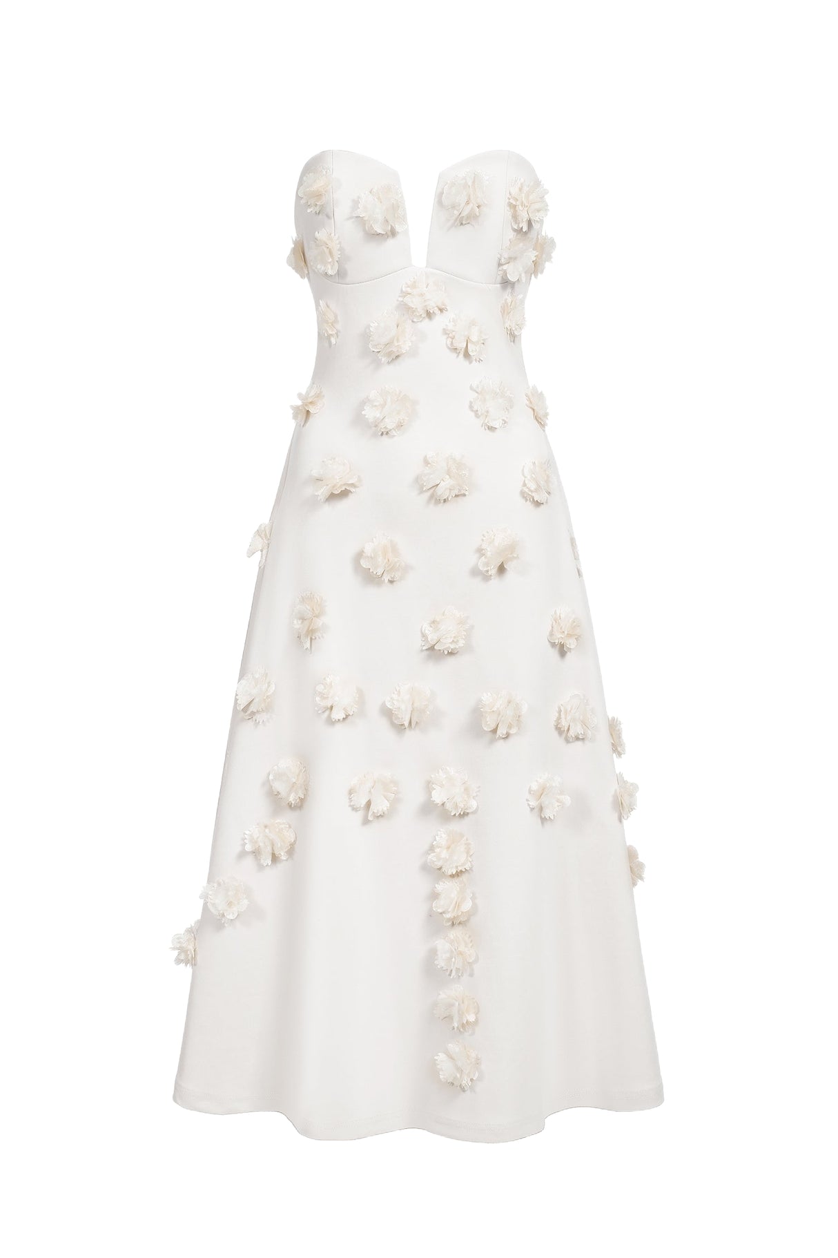White Eve Flowers Tube Midi Dress with delicate floral appliqués