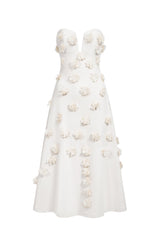 White Eve Flowers Tube Midi Dress with delicate floral appliqués